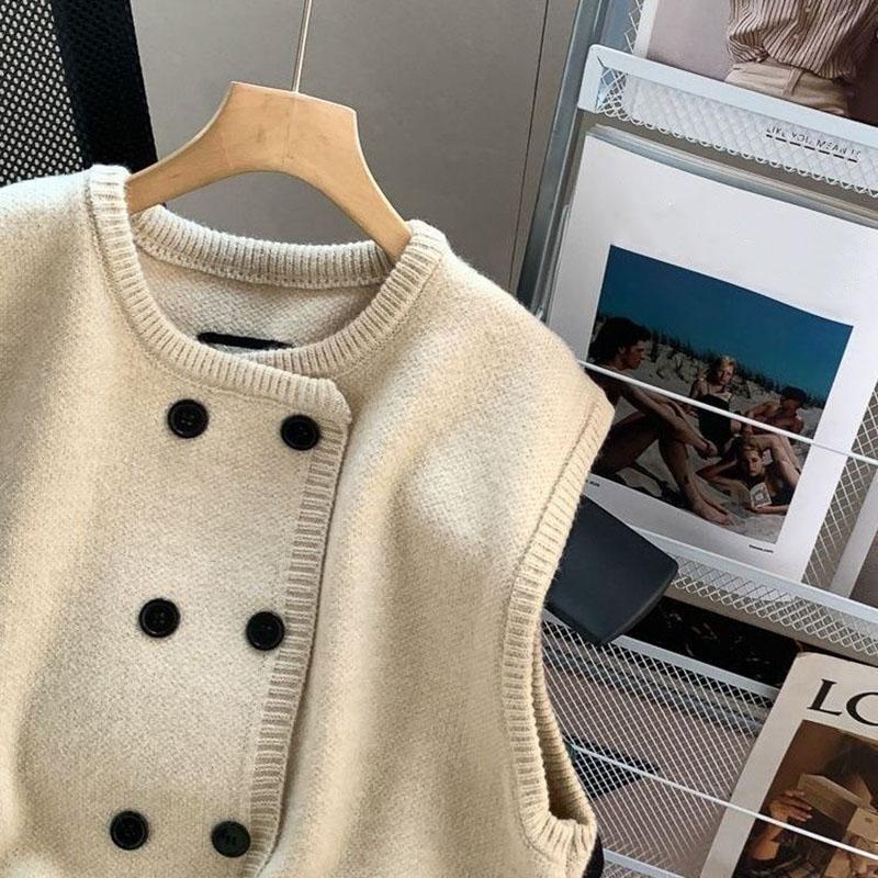 Vest for Women Cotton Winter Sleeveless Tops Knitted Sweater Vest Thickened Double Row of Buttons Casual V-neck Vest