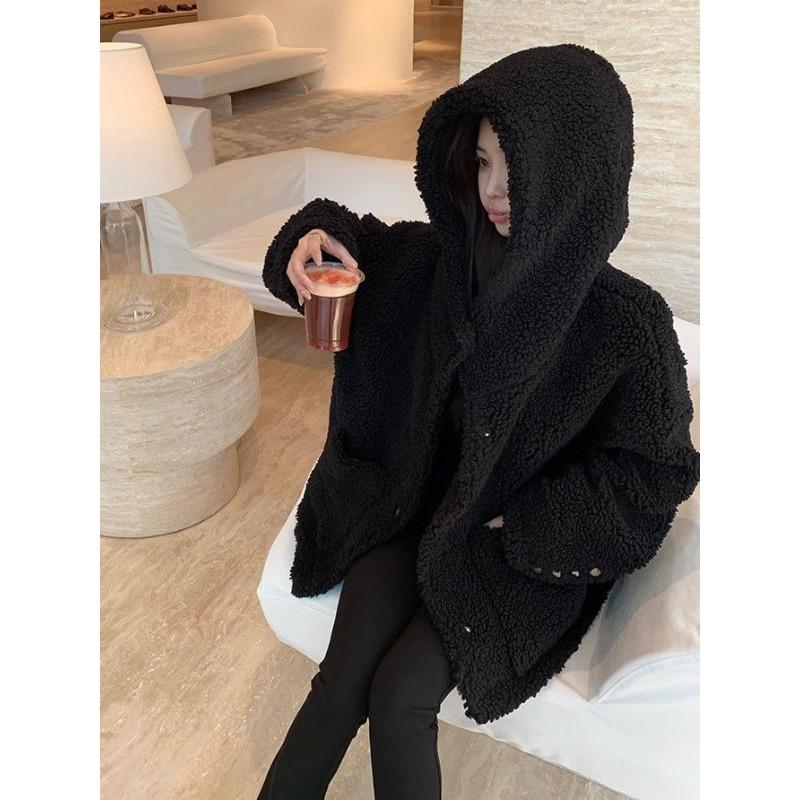 Winter Korean Fashion Fleece Coat Women Hooded Thickened Slim Fit Casual Lazy Style