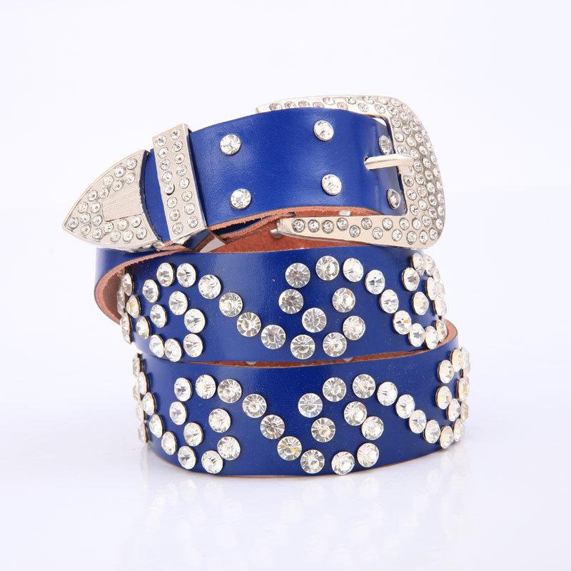 

Wide Leather Belt With Metal Pin Closure Rhinestone Decor For Womens Elegant Blue4