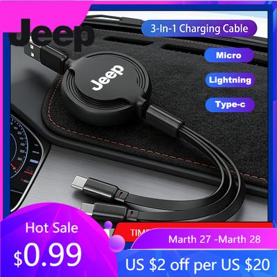 For Jeep Car Fast Charging 3 In 1 Stretch Data Cable Apple Android Charger For Jeep Grand Cherokee Wrangler JK Gladiator Comp