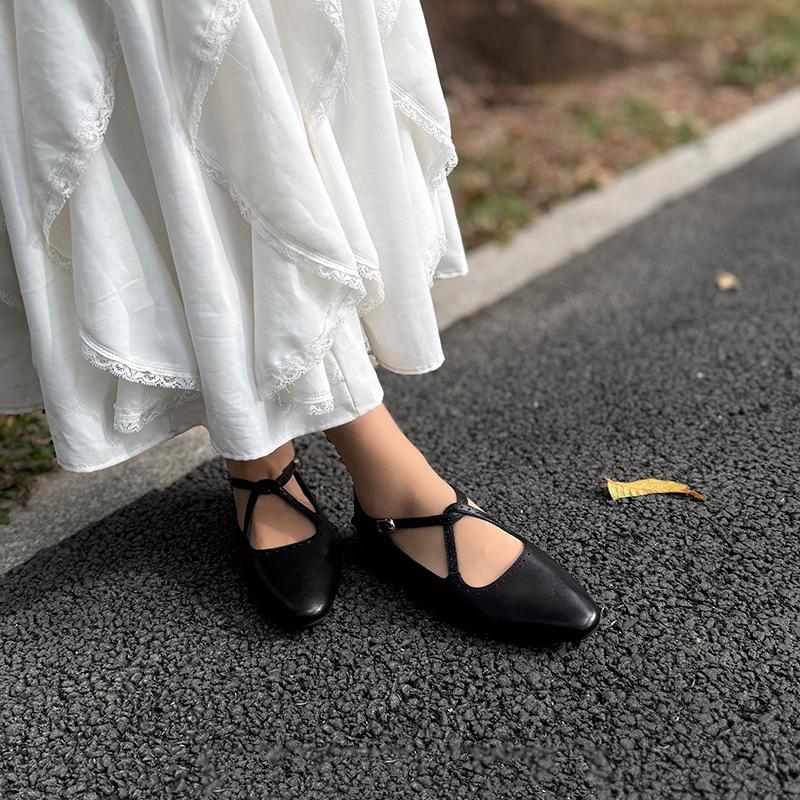 Johnature Cross Belt Mary Jane Shoes Genuine Leather Flats Round Toe Soft Soled Women's Shoes