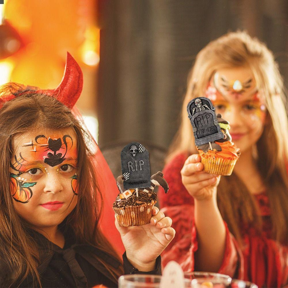 8pcs Festival Halloween Tombstone Cupcake Toppers Paper Tombstone Cake Insert Card  Ghost Festival