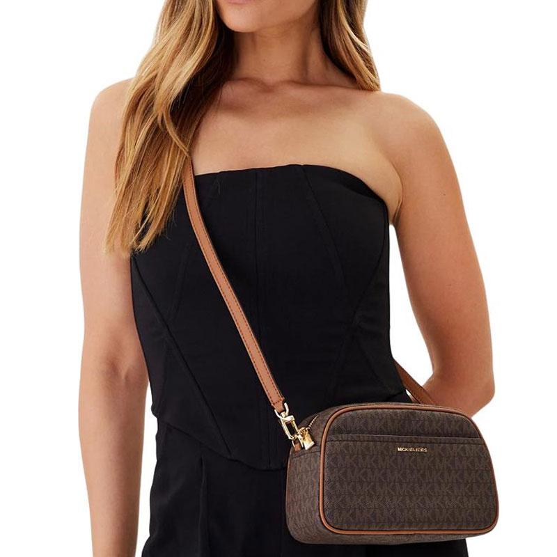 Michael Kors MK Jet Set Logo Print Coated Canvas Crossbody Bag Small Women Bags Brown 32F5GJ6C5B-BROWN
