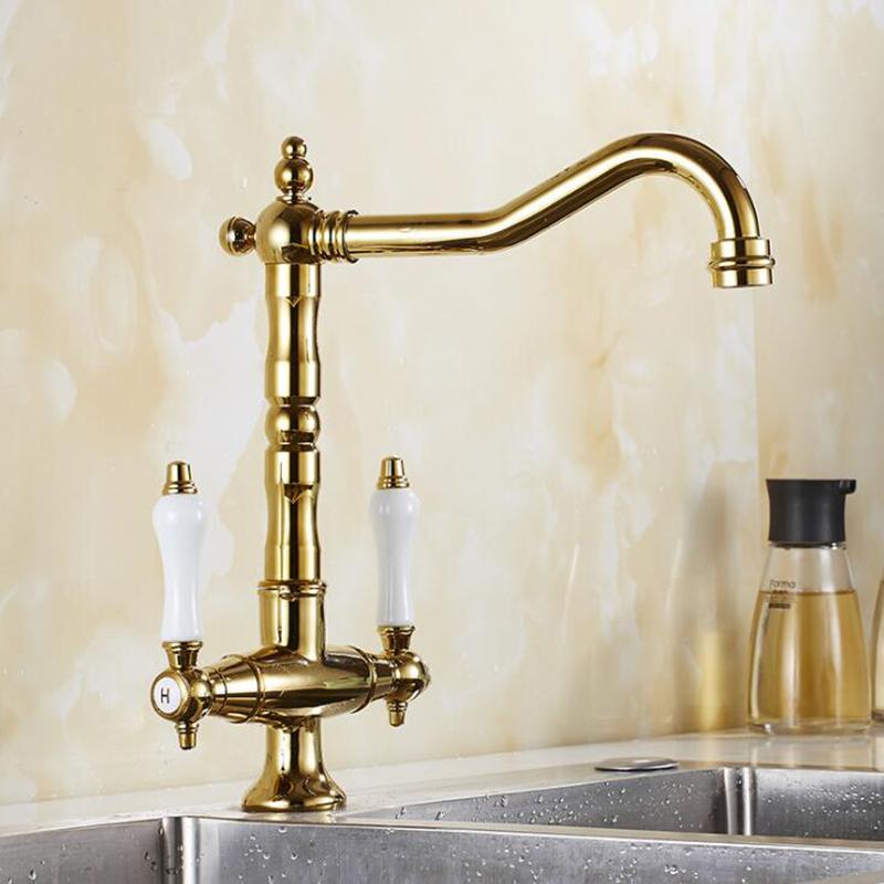 

Dual Handle Kitchen Faucet Deck Mounted Single Hole Hot Cold Water Mixer Crane Kitchen Sink Faucets Antique Bronze Black ELK9088 золотой