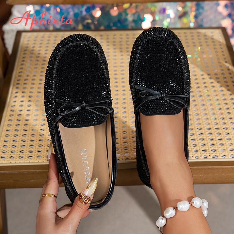 Fashion Aphixta 2025 New Luxury Crystal Shallow Woman Shoes Pink Bow Loafers Spring Woman Fashion Shoes Concise Rubber Sole Shoes Woman