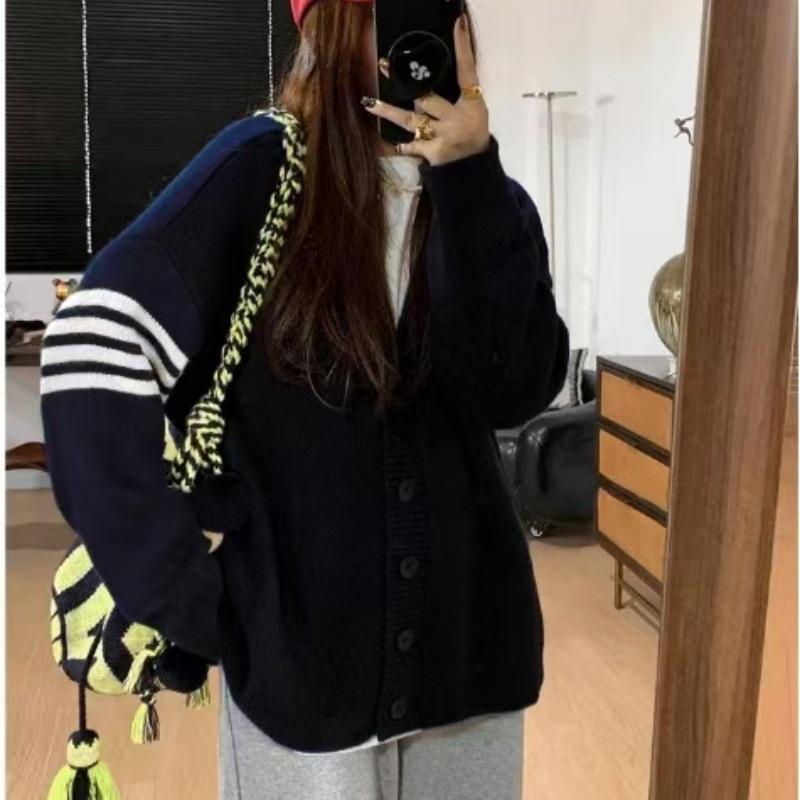 Japanese Style Age-Reducing V-Neck Color-Block Striped Knit Cardigan Sweater for Women, Autumn Winter Loose Fit