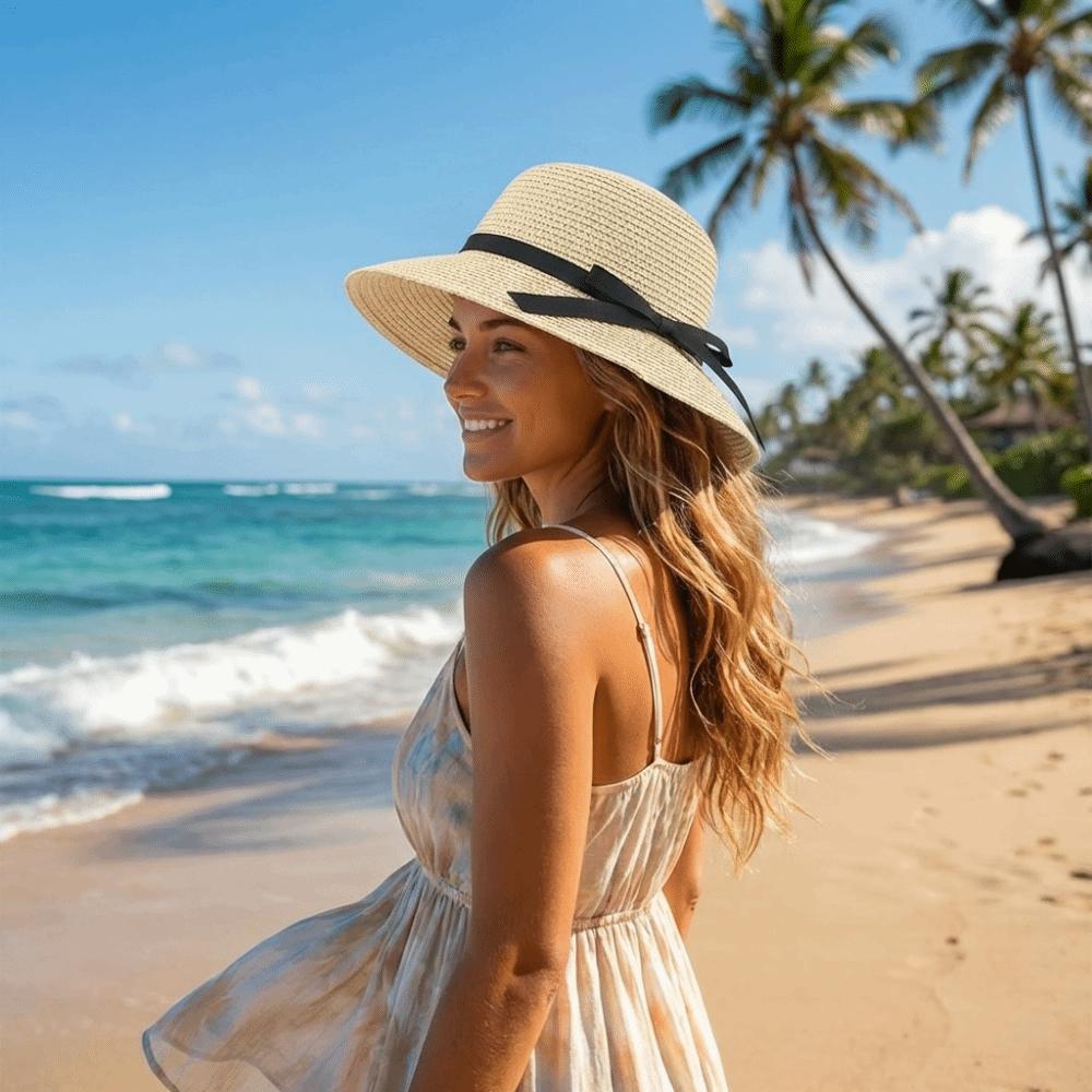 Wide Brim Straw Weave Sun Hat Bow Fisherman Hat Fashion Sunscreen Bucket Hat Outdoor