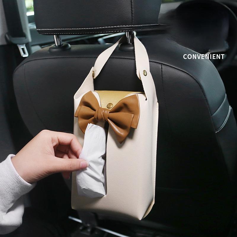 Car Seat Back Tissue Storage Box Holder For Women Pu Leather Bowknot Auto Backseat Hanging Paper Tower Organizer Napkin Pocket