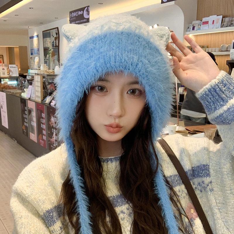 

Bear Ears Knitted Hat for Women in Autumn and Winter Thickened Warm Tassel Hat Big Head Circumference Showing Face Small Plush Hood 56-62CM