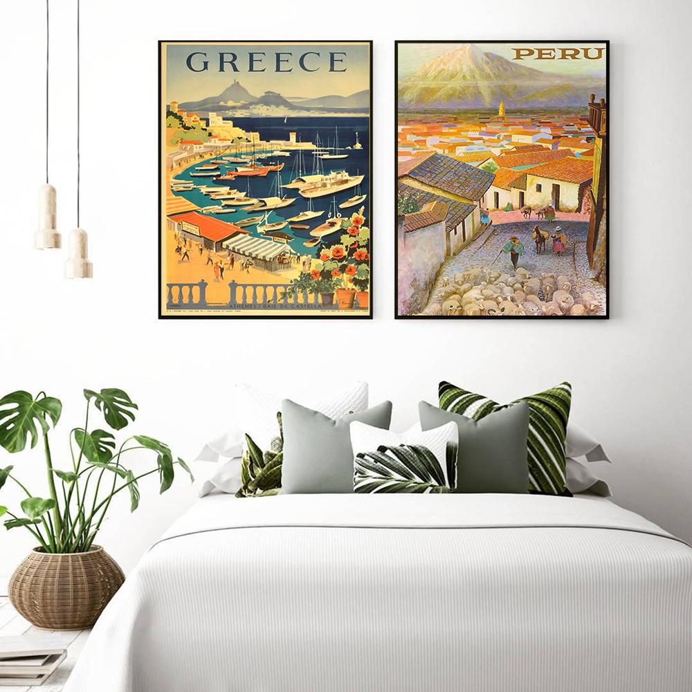 Nordic Vintage Travel Cities Poster Greece Mexico Rome Peru Libia Italy Landscape Art Canvas Painting Wall Pictures Home Decor