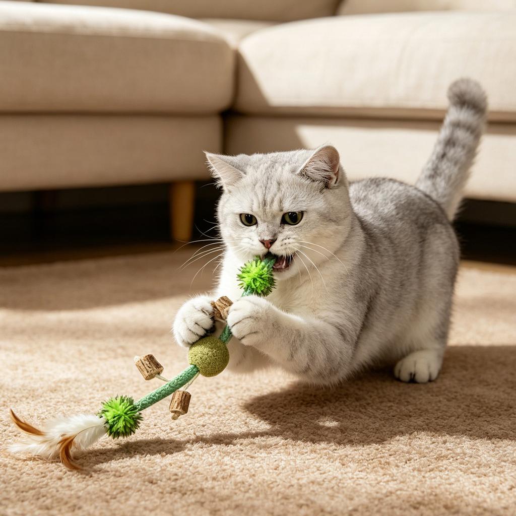 Interactive Catnip Toy With Feather, Mesh Tube & Silvervine Sticks, Cats Chew Toy For Teeth Cleaning, Self-Play  Toy For Boredom Relief, Indoor