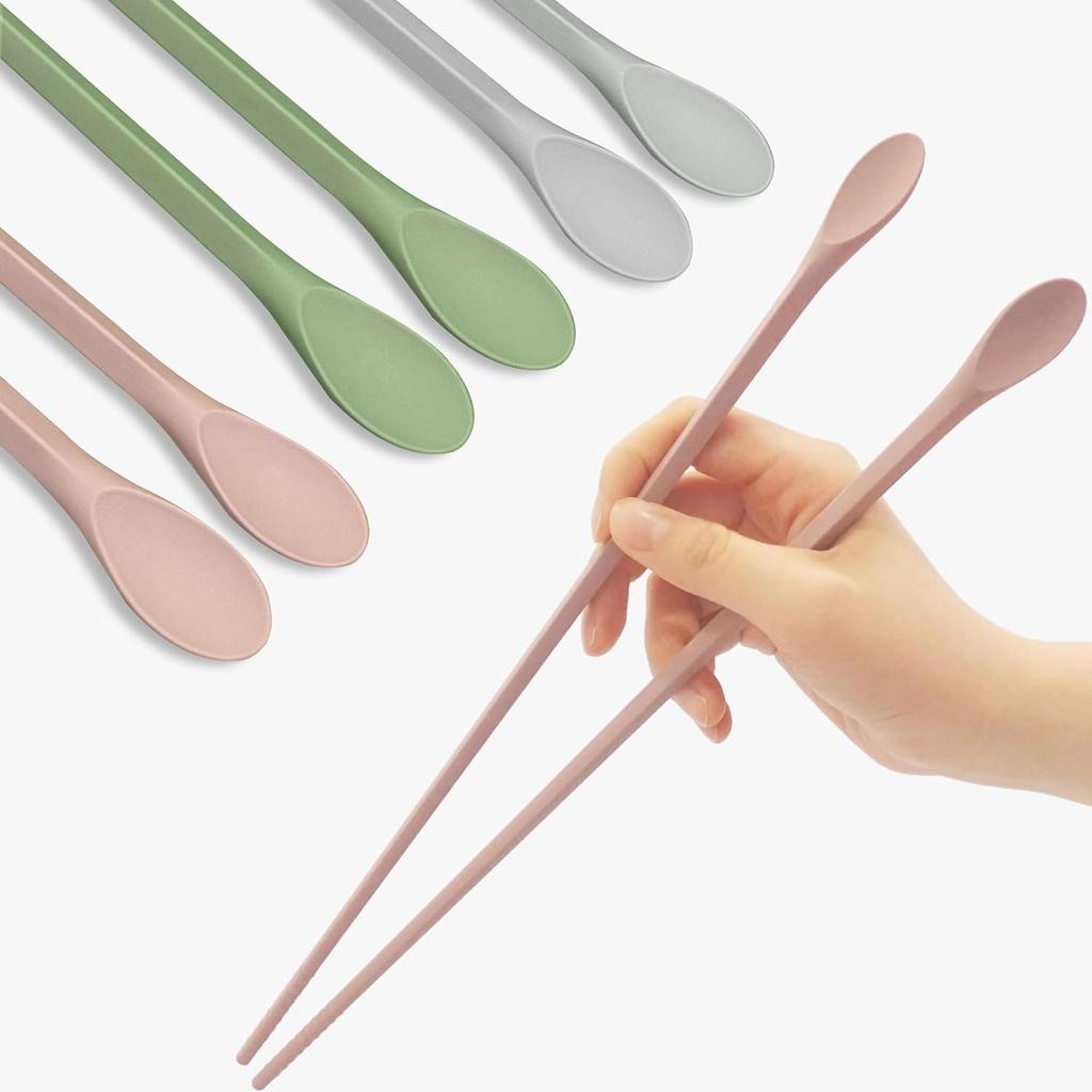 Reble Long Silicone Cooking Chopsticks with Spoon - 12 Inches 3 Color Set, Eco-Friendly, Heat-Resistant, Non-Slip, Non-Scratch, Japanese Asian