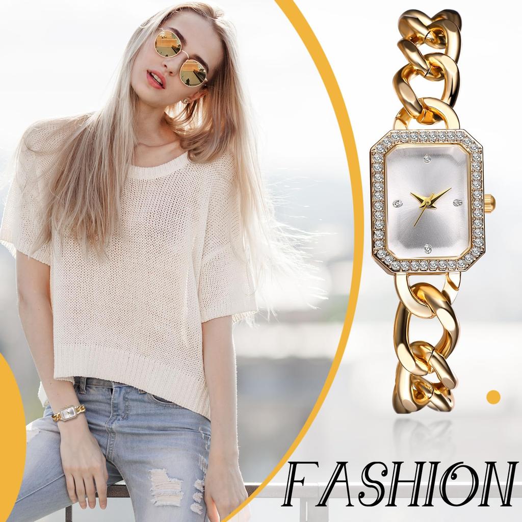 Cute Square Bracelet Watch for Women in Stylish Analog Waterproof Quartz Fashion Watch for Women Perfect Gift for Day Gold Display, Watch, -