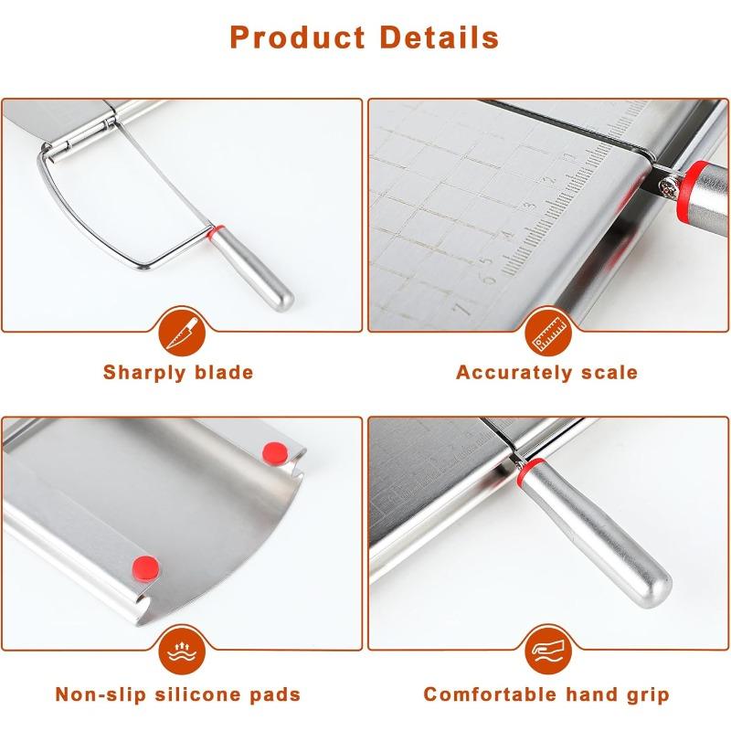 Stainless steel cheese slicer with anti slip scale measuring plate, used for cutting cakes, ham, butter in home restaurants and kitchens