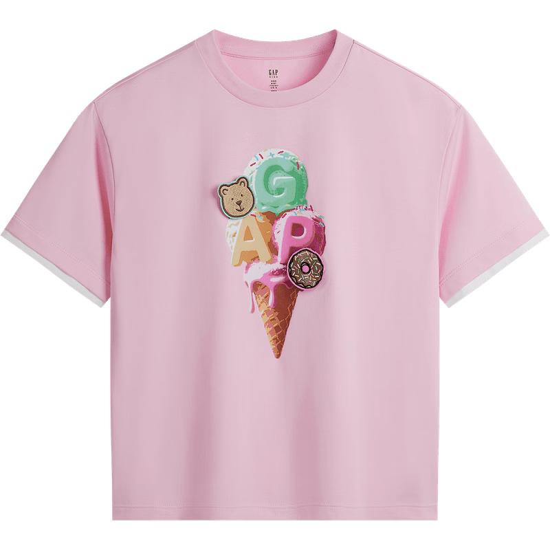 GAP Girls Big Kids 2026 Summer Moisture-Wicking Cool-Touch Logo Patchwork Short-Sleeve T-Shirt 120 cm (6-7 Years) синий