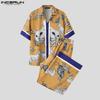 INCERUN Two Pieces Sets Men Short Sleeve Cartoon Print Shirts Pants Casual Loose Outfits