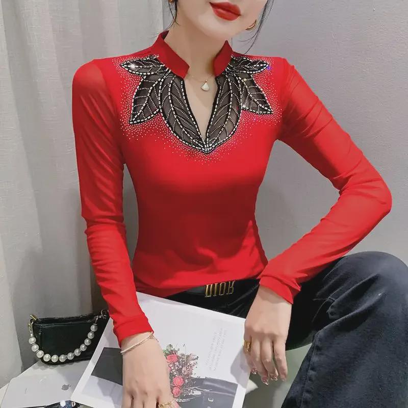 Bluză de toamnă 2023 de designer, slim fit, cu mâneci lungi, cu detalii hot diamond pentru femei