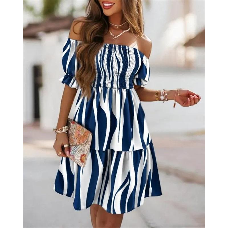 Short-sleeved One-shoulder Waist Pleated Printed Dress
