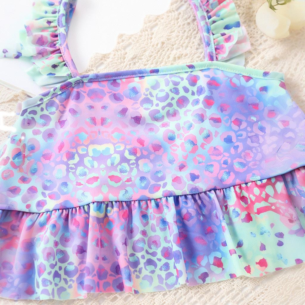 Girls Swimsuits With Ruffled Hem Cute Colorful Leopard Print Swimwear 2 Piece Bathing Suits For 4-10 Years Hawaiian Bikini Set