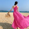 Beach Skirt Women's Seaside Vacation Fairy Long Dress Slanted Shoulders Exposed Waist Split Pleated Dress Seaside Dopamine Wear