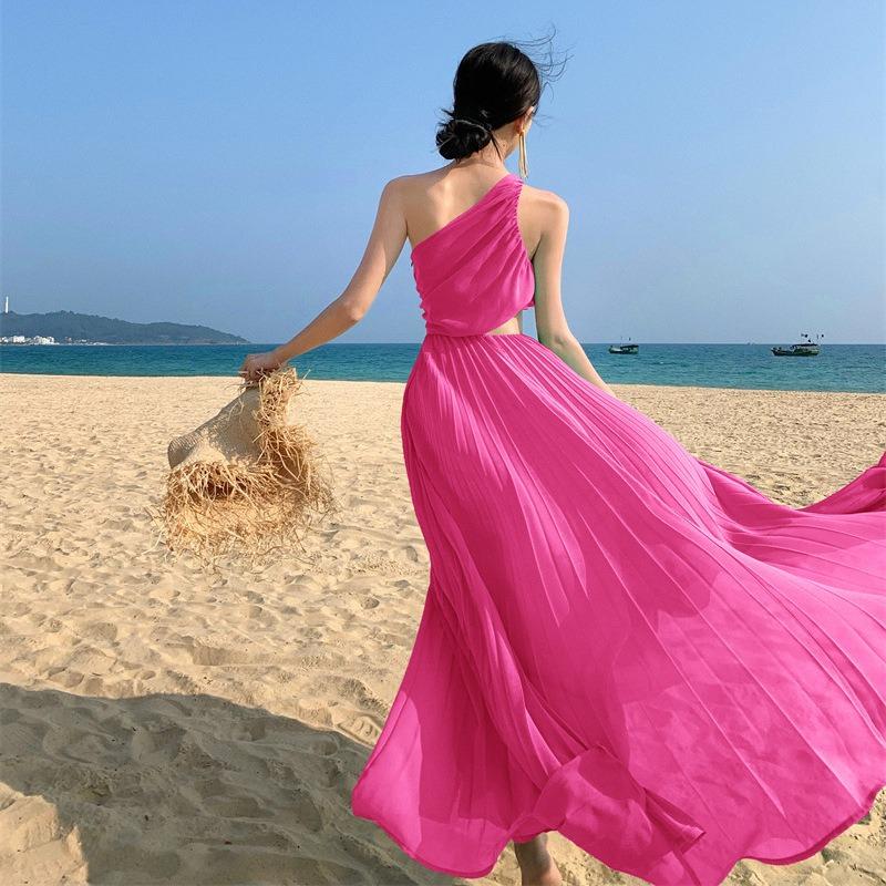Beach Skirt Women's Seaside Vacation Fairy Long Dress Slanted Shoulders Exposed Waist Split Pleated Dress Seaside Dopamine Wear