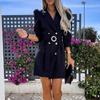 Neues Damen-Blazer-Kleid mit Puffärmeln und Revers, schmal geschnitten, zweireihig, V-Ausschnitt, Pendlerjacke mit Bindekragen, Damen Slim Suit Kleid