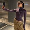 Frühlings- und Herbst-Damenbluse im Spice-Girl-Stil, halbhoher Ausschnitt, schlanker Reißverschluss, kurzes Unterhemd, Langarm-Oberteil