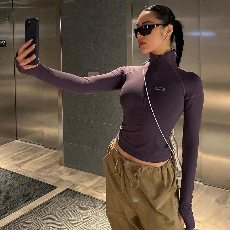 Frühlings- und Herbst-Damenbluse im Spice-Girl-Stil, halbhoher Ausschnitt, schlanker Reißverschluss, kurzes Unterhemd, Langarm-Oberteil