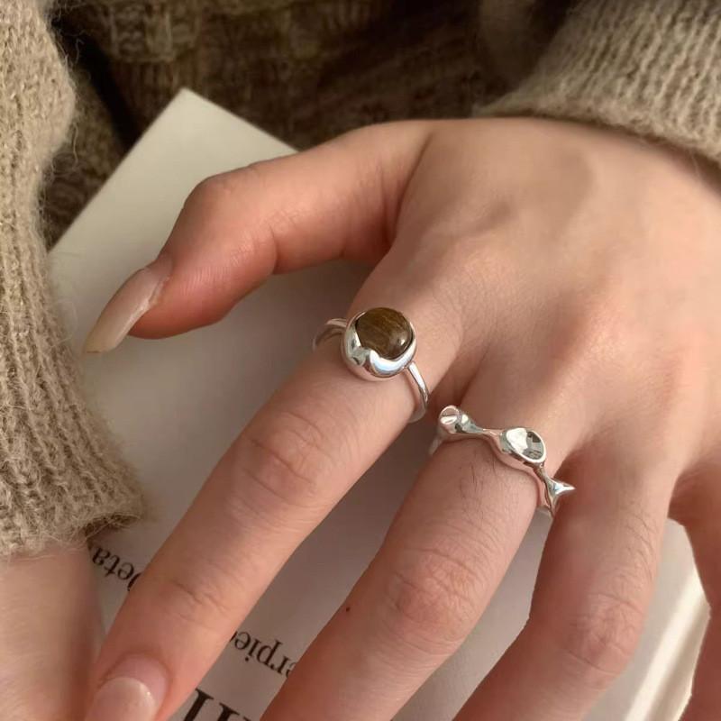 Luxury Korean Geometric Tiger Eye Stone Ring For Women Stylish Adjustable Design Copper