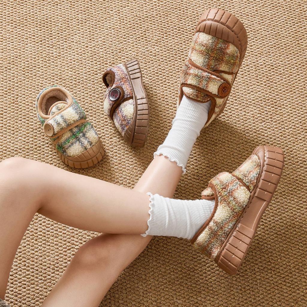 Retro plaid thick-soled cotton shoes, new winter outer wear non-slip plush warm home cotton slippers