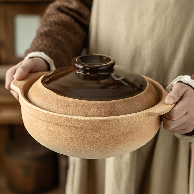 Hochtemperaturbeständiger Topf mit Deckel Erdtopf Haushalt Traditioneller Kochtopf Praktischer Zweiohriger Suppentopf Restaurant Reistopf