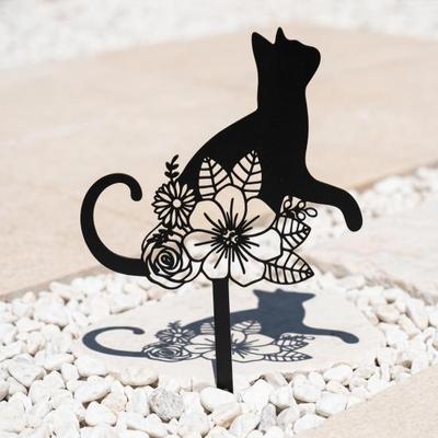 Cat Metal Decorative Garden Stake Black Cat Flowers Silhouette Statue for Outdoor Yard Patio Lawn Decor