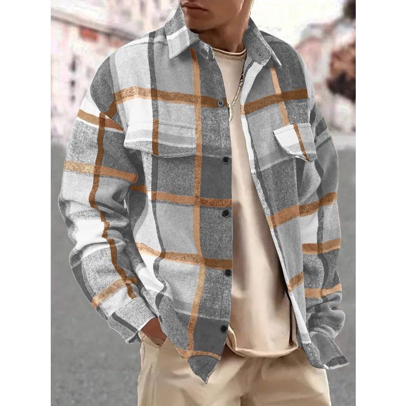 

Men s Lapel Checkered Shirt Retro Brushed Casual Long-sleeved Jacket XS світло-сірого кольору