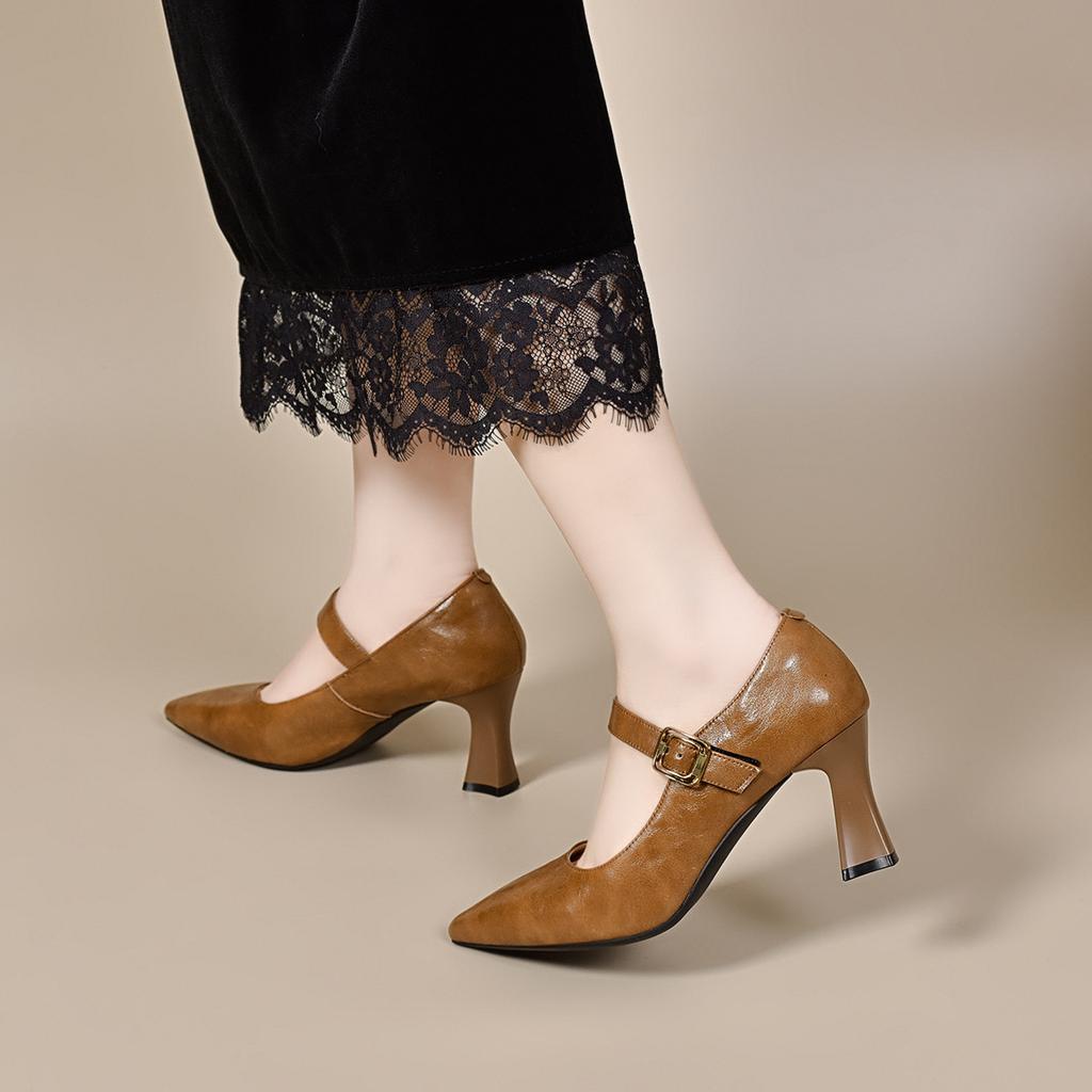 Pointed high heels women's spring new one-word buckle simple temperament commuting single shoes professional dress work shoes