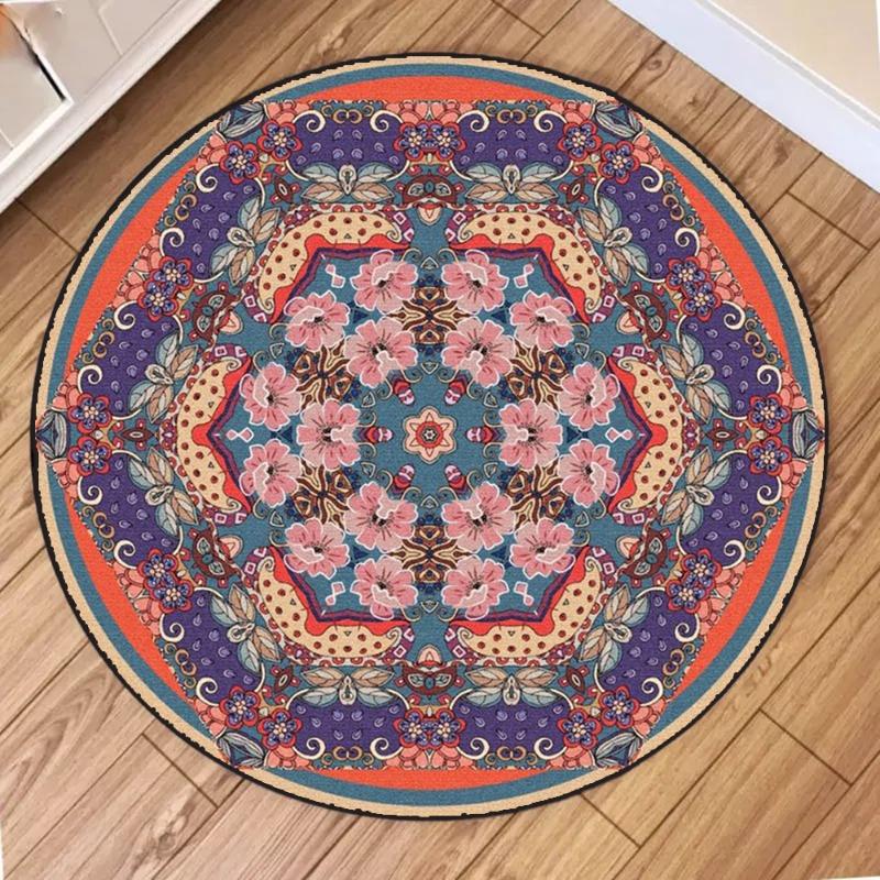 Classic Blossom Round Carpet, Intricate Floral Medallion On Crimson with Bohemian Rug Floor Mat for Traditional Parlor Fashion