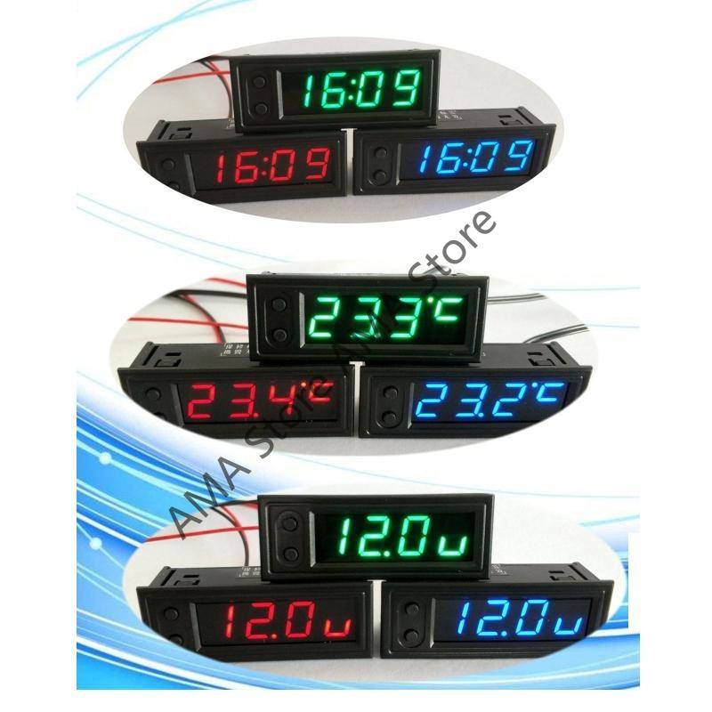 X7JF Auto Temperature 3 In 1 Thermometers Voltmeter Gauge Electronic Clock LCD Screen
