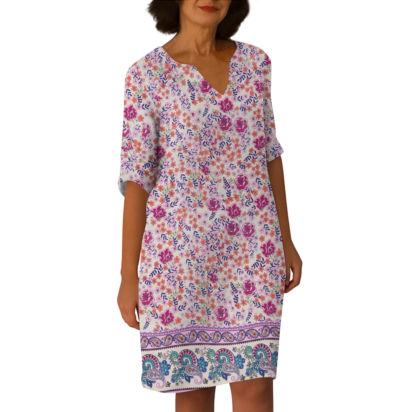 

Платья для женщин. Винтажное платье-туника с принтом и талией. Летнее повседневное платье с половиной рукавов. L розовый