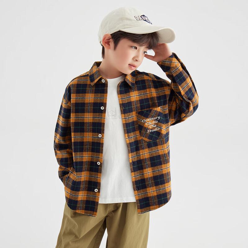 Boys' Warm Orange Plaid Cotton Long Sleeve Shirt Jacket