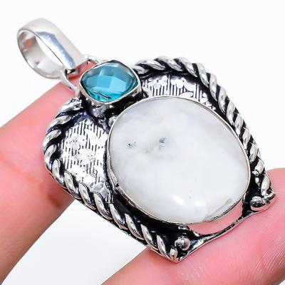 Natural Rainbow Moonstone, Topaz Gemstone 925 Sterling Silver Pendant 1.97" L5k64