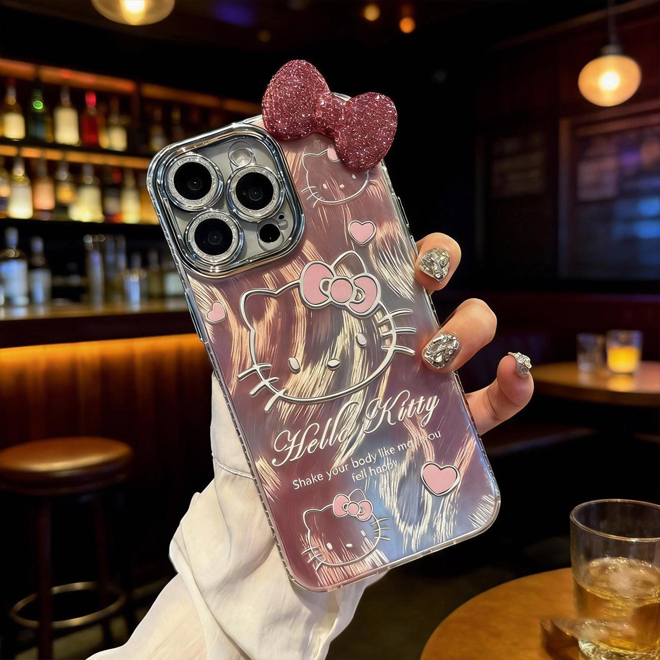 

Gradient Cartoon Hello Kitty Case with 3D Bow Ears for Apple 17 Pro Max/15 Pro/13/XS/16E iPhone 14 Plus