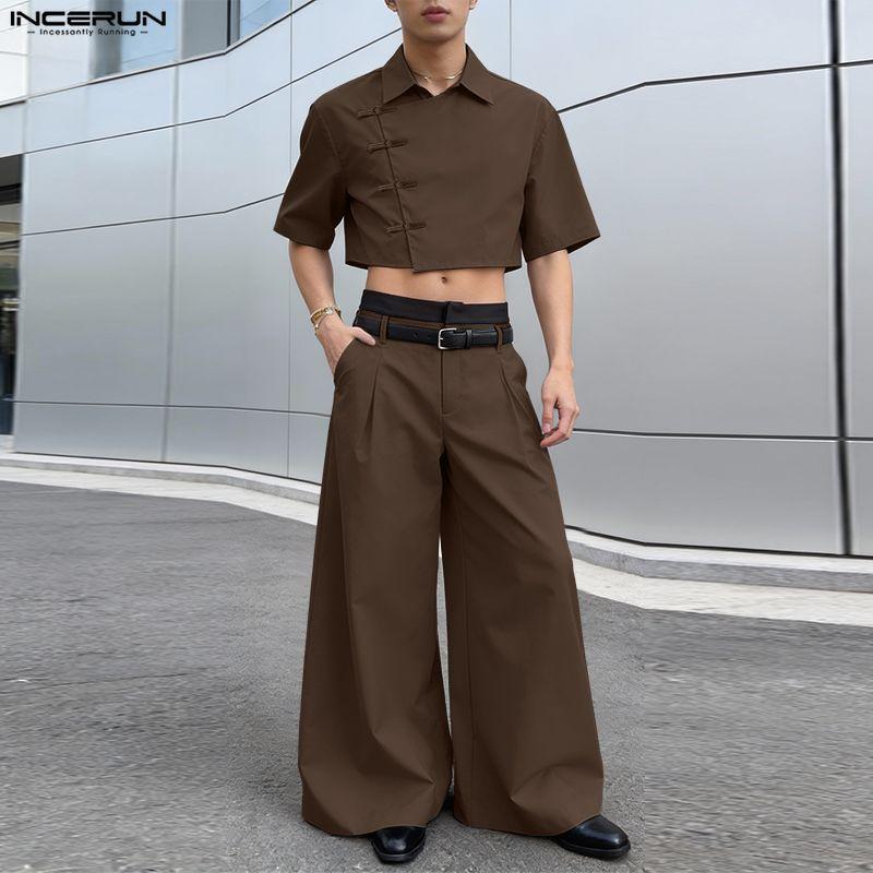 INCERUN Two Pieces Summer Men Lapel Neck Short Sleeve Cropped Tops and Pants Sets