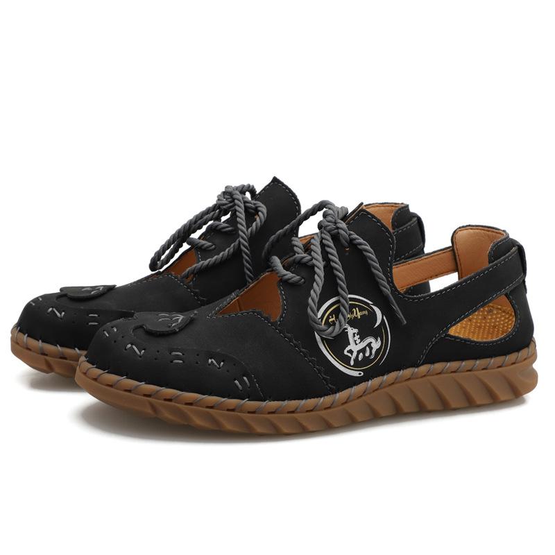 

Фабрика обуви Hongshi Niu Летние новые женские сандалии ручной работы со строчкой из мягкой кожи в стиле ретро, римские, с закрытым носком, большого размера 43 43 чёрный