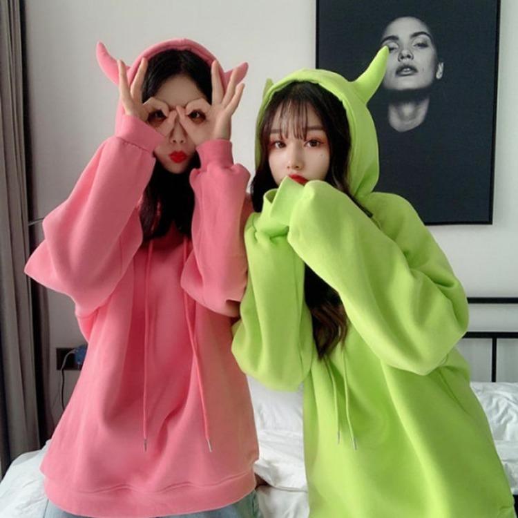 Winter Japanese Style Women Anime Hoodies Warm Fashion Loose Mid Length Thickened Velvet Long Sleeved Sweater Hooded Sweatshirt