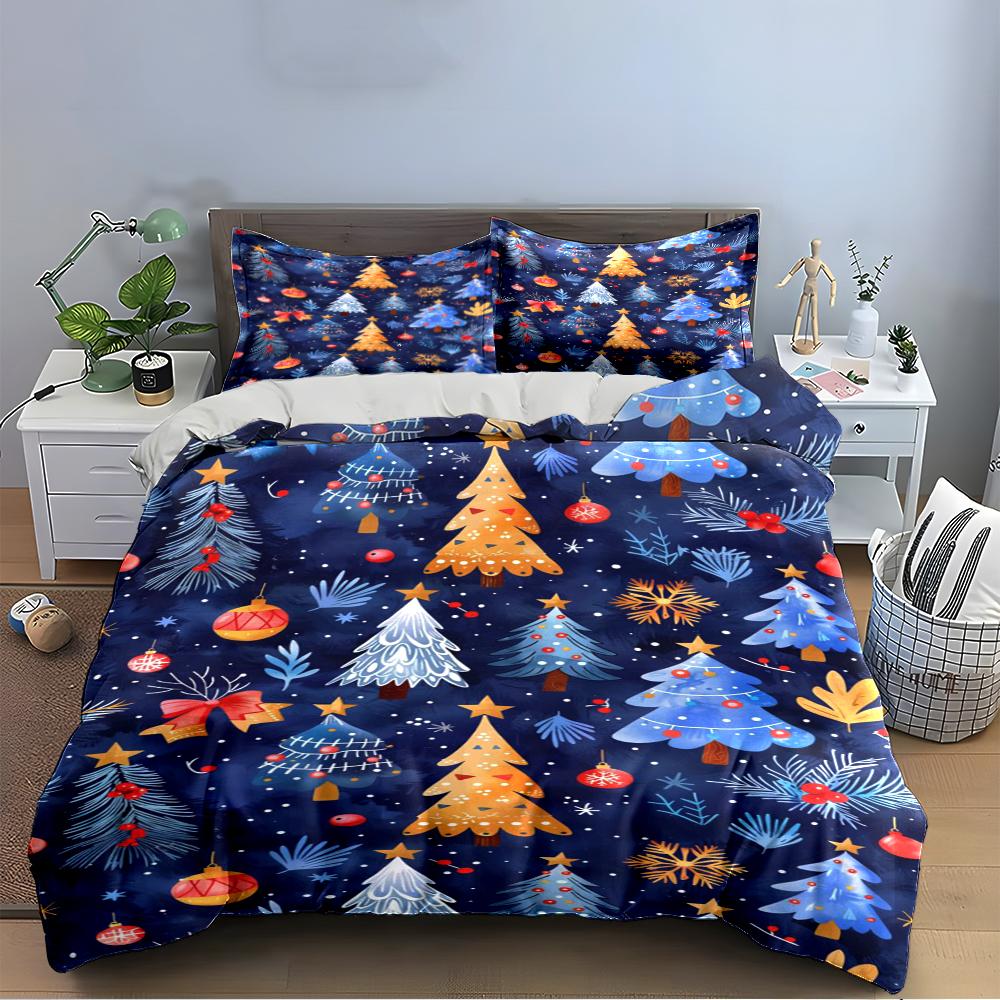 Christmas Ornaments with Merry Christmas Text Bedding Set (1 Duvet Cover, 2 Pillowcases, Duvet Not Included)