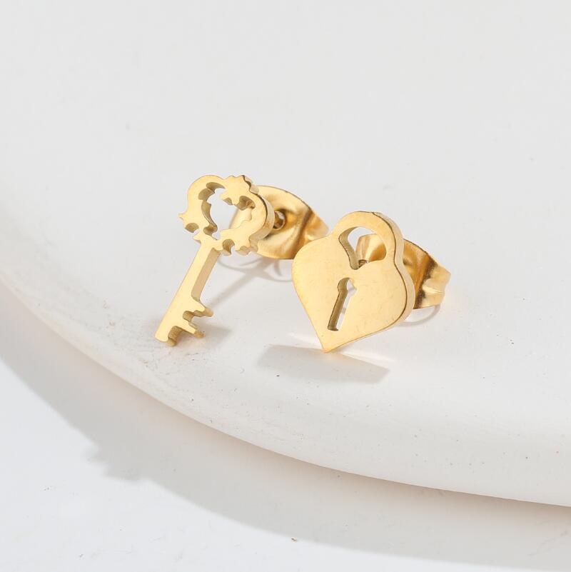 2024 Fashion Stainless Steel Geometric Heart Key Lock Earrings for Couples