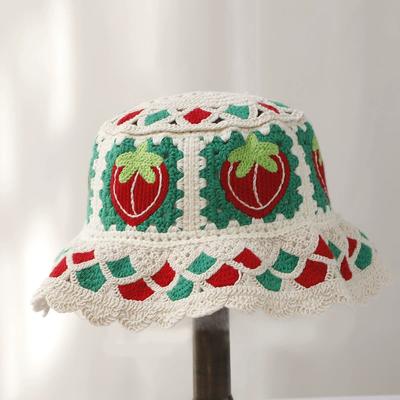 Sweet Crochet Fruit Flower Hat for Women Girls' Fancy Strawberry Design Fisherman Hats