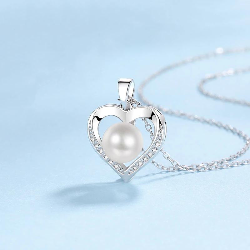 Girl Adult's Day White Gold 18K Necklaces 0.96CT Moissanite Diamond 9mm Pearl Heart Pendant Women Platinum Birthday Gift