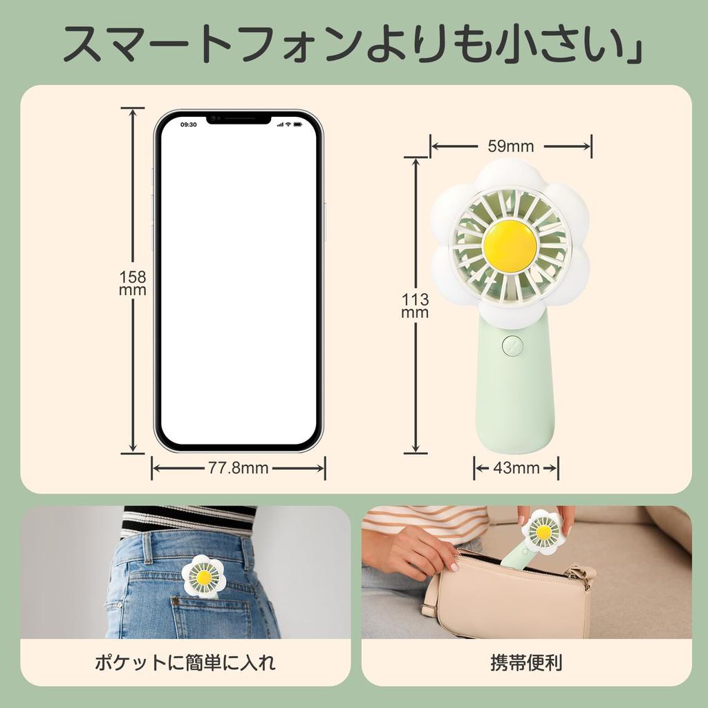 TENKUNOKOTORI Handheld Cute Mini Floral Fan Speed Instant 3 Hours of Use with 1 Hour 43cm Cord for Easy Carrying and Charging Fan, Design, Portable,