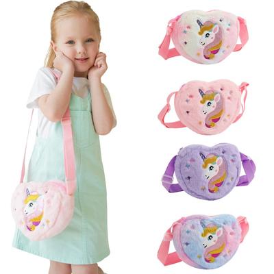 Children's Heart Shaped Shoulder Bag Unicorn Cartoon Plush Love Crossbody Bag Kindergarten Girls' Candy Storage Bag