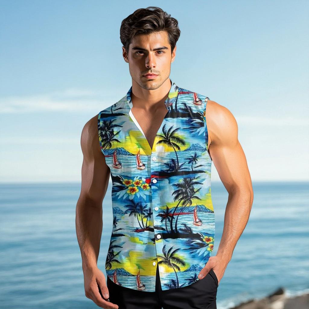 Men's Fashion Printed Sleeveless Lapel Button-Down Shirt Vest Top